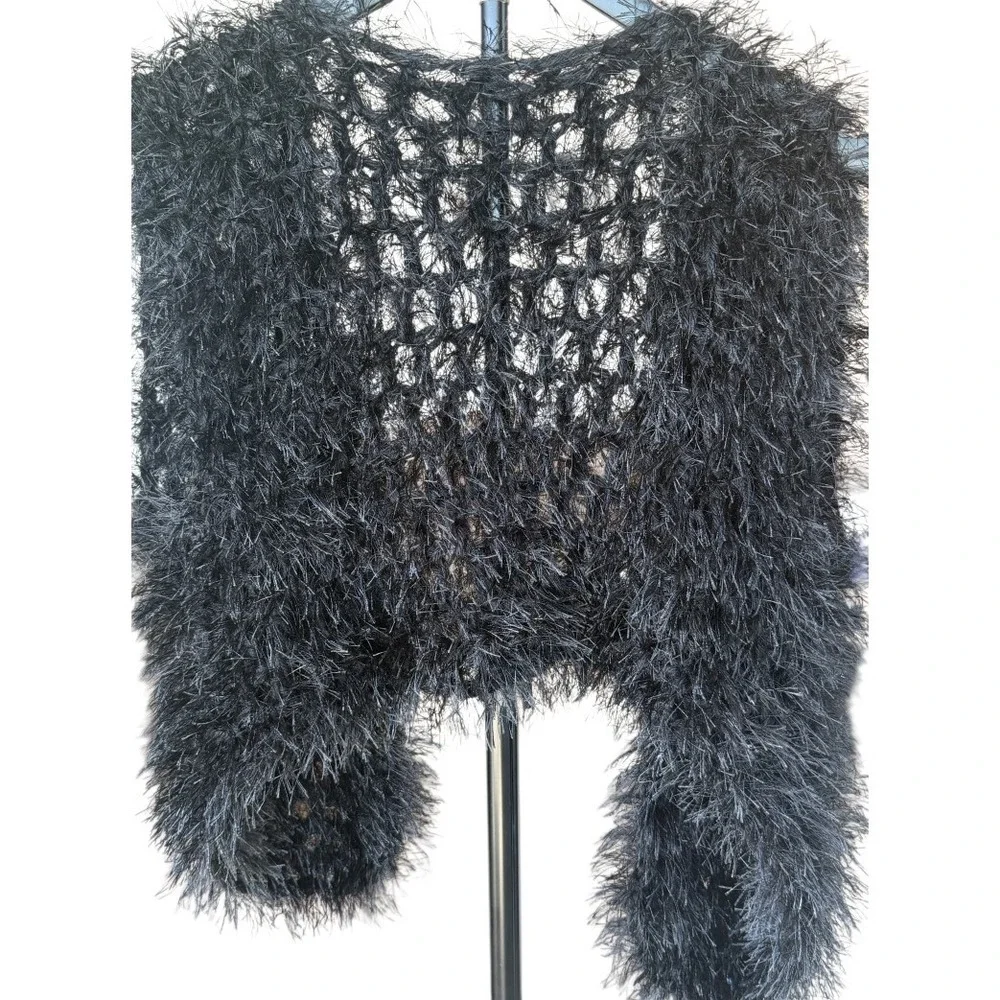 Womens Black Eyelash Knit Bolero Shrug Open Knit Y2K Whimsigoth Fairy Grunge